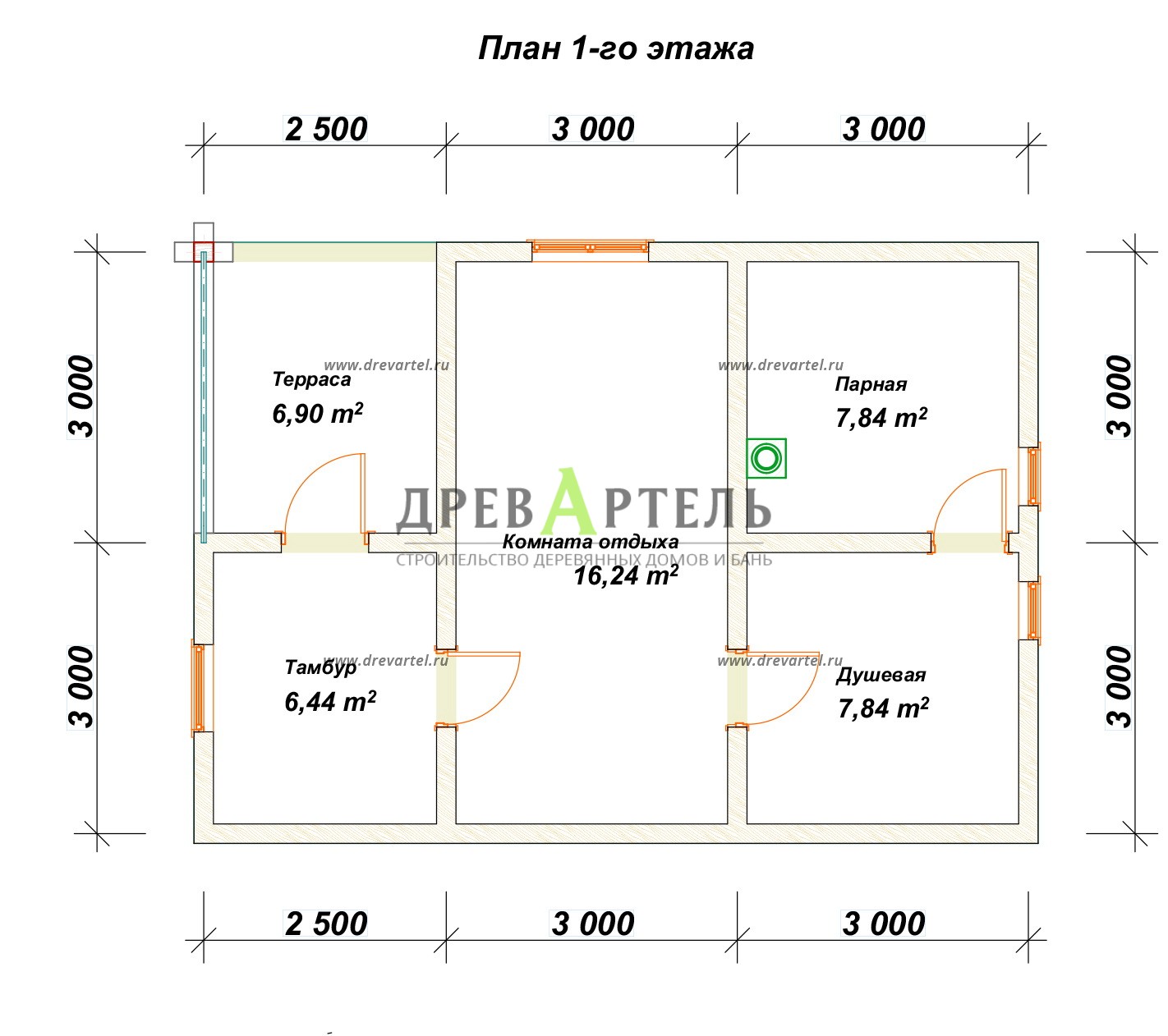 План 1-го этажа - Одноэтажная баня 6х8 из профилированного бруса