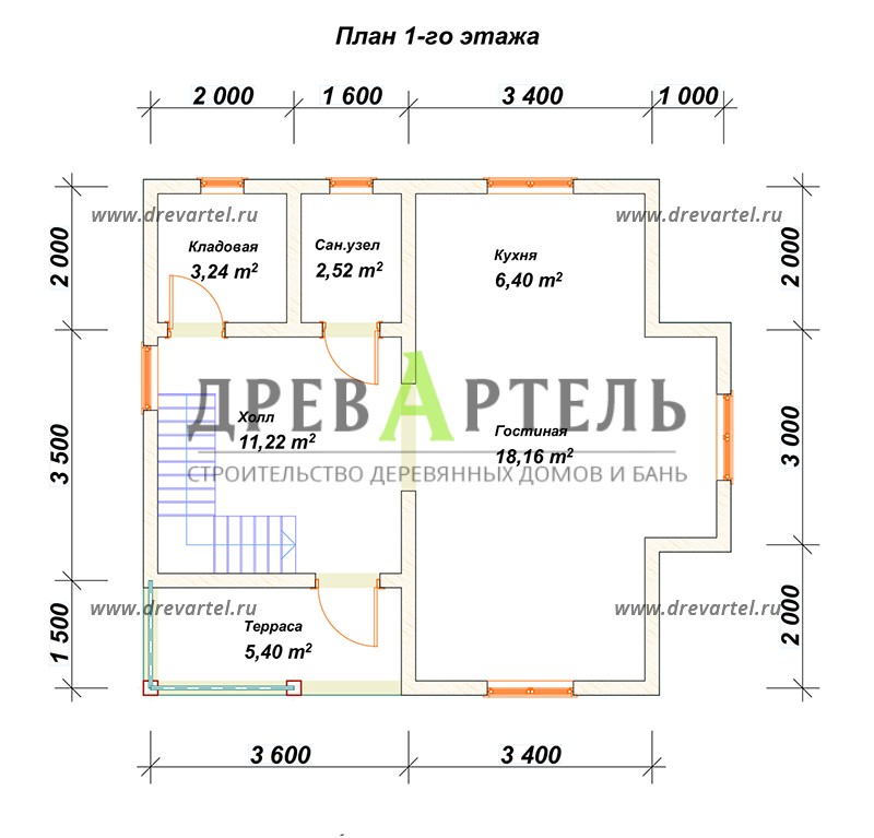 План 1-го этажа - Деревянный дом из бревна 7х7